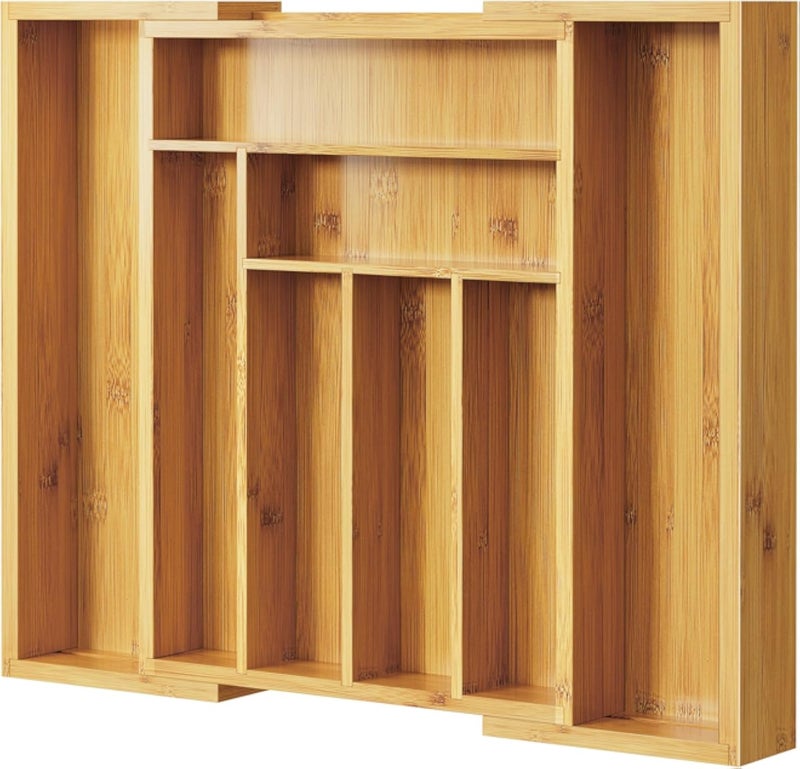 منظم أدراج قابل للتوسيع من الخيزران من بيبيشيل، حامل أدوات المطبخ، صينية أدوات مائدة قابلة للتعديل، منظم فواصل أدراج خشبية لأدوات المائدة الفضية، وأدوات المائدة، والسكاكين في المطبخ، وغرفة النوم، وغرفة المعيشة